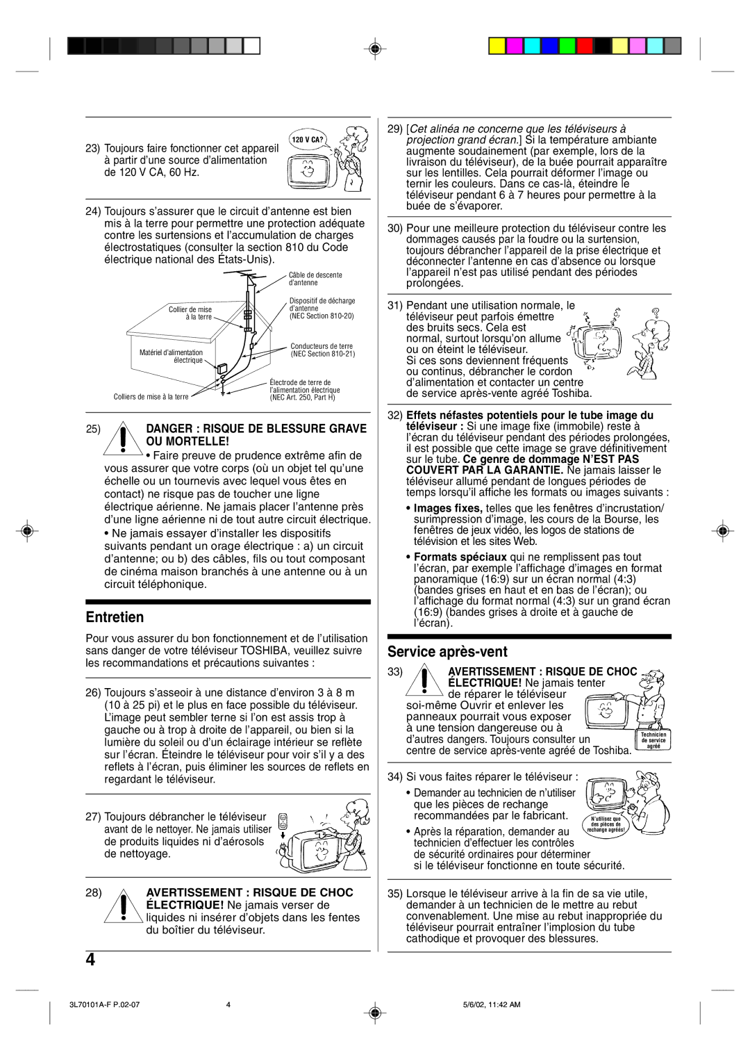 Toshiba 20A42 manual Avertissement Risque DE Choc 