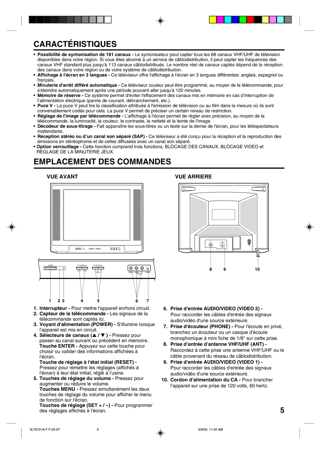 Toshiba 20A42 manual Caractéristiques, Emplacement DES Commandes, VUE Avant VUE Arriere 