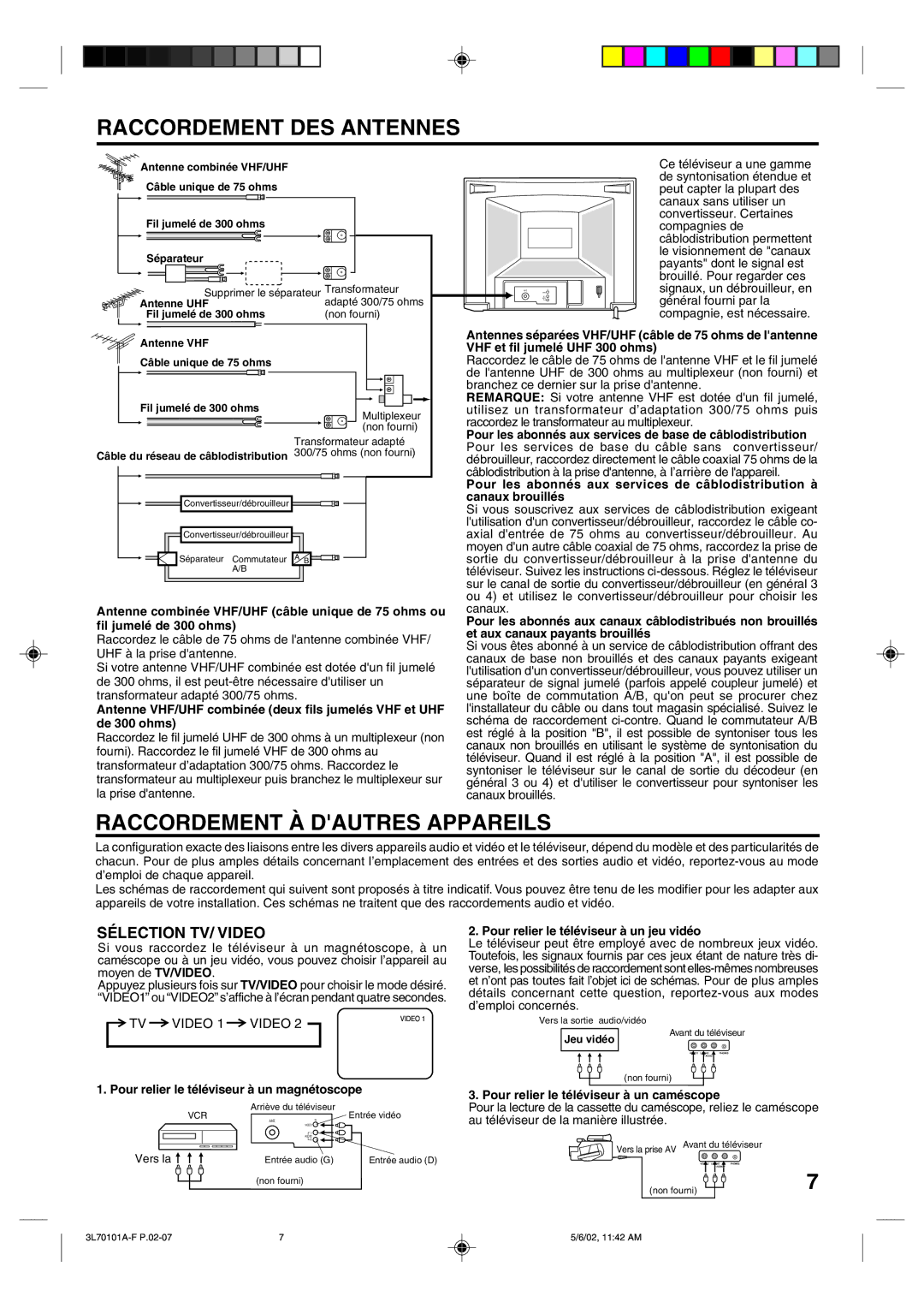 Toshiba 20A42 manual Raccordement DES Antennes, Raccordement À Dautres Appareils, Sélection TV/ Video 