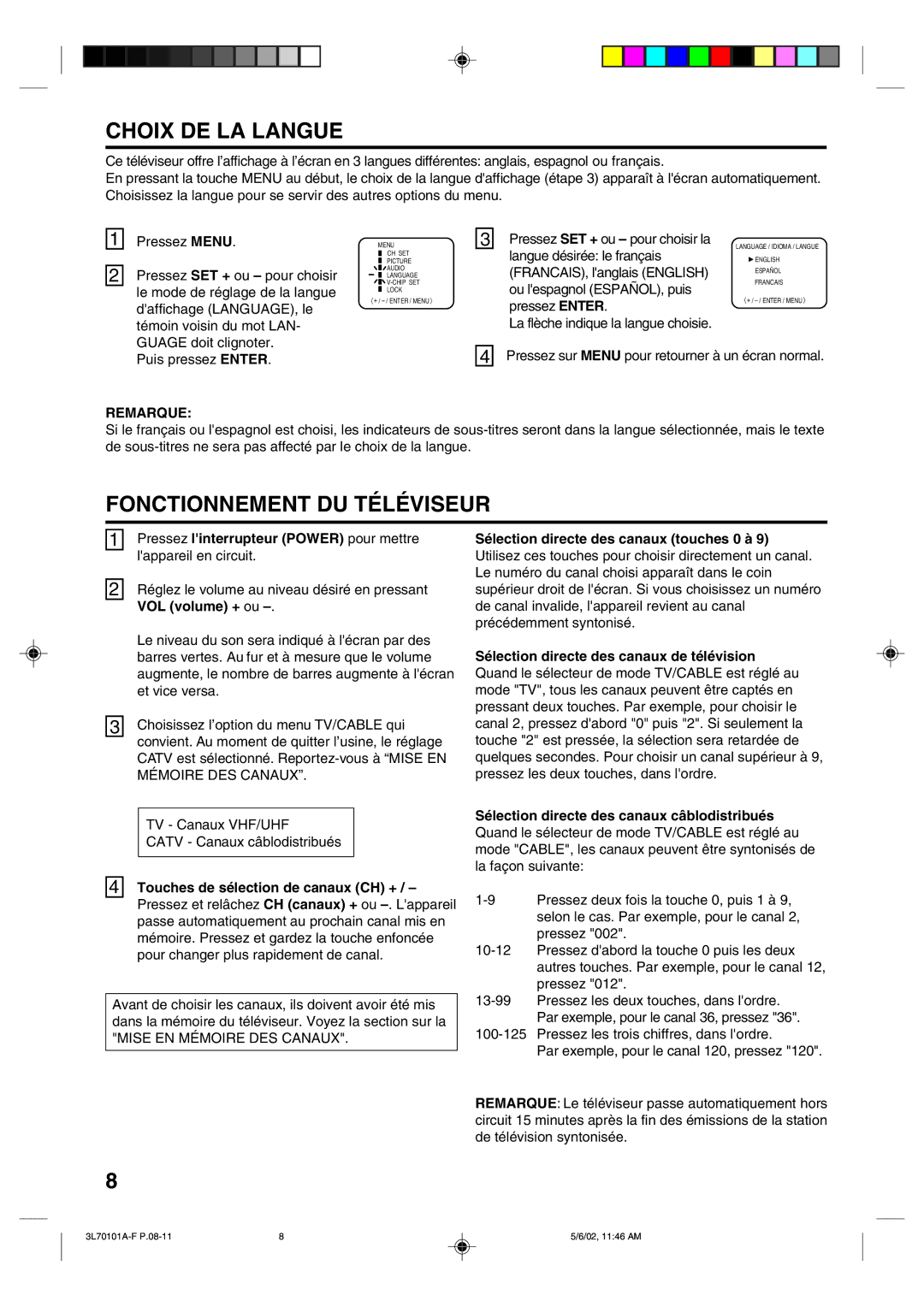 Toshiba 20A42 manual Choix DE LA Langue, Fonctionnement DU Téléviseur, Remarque 