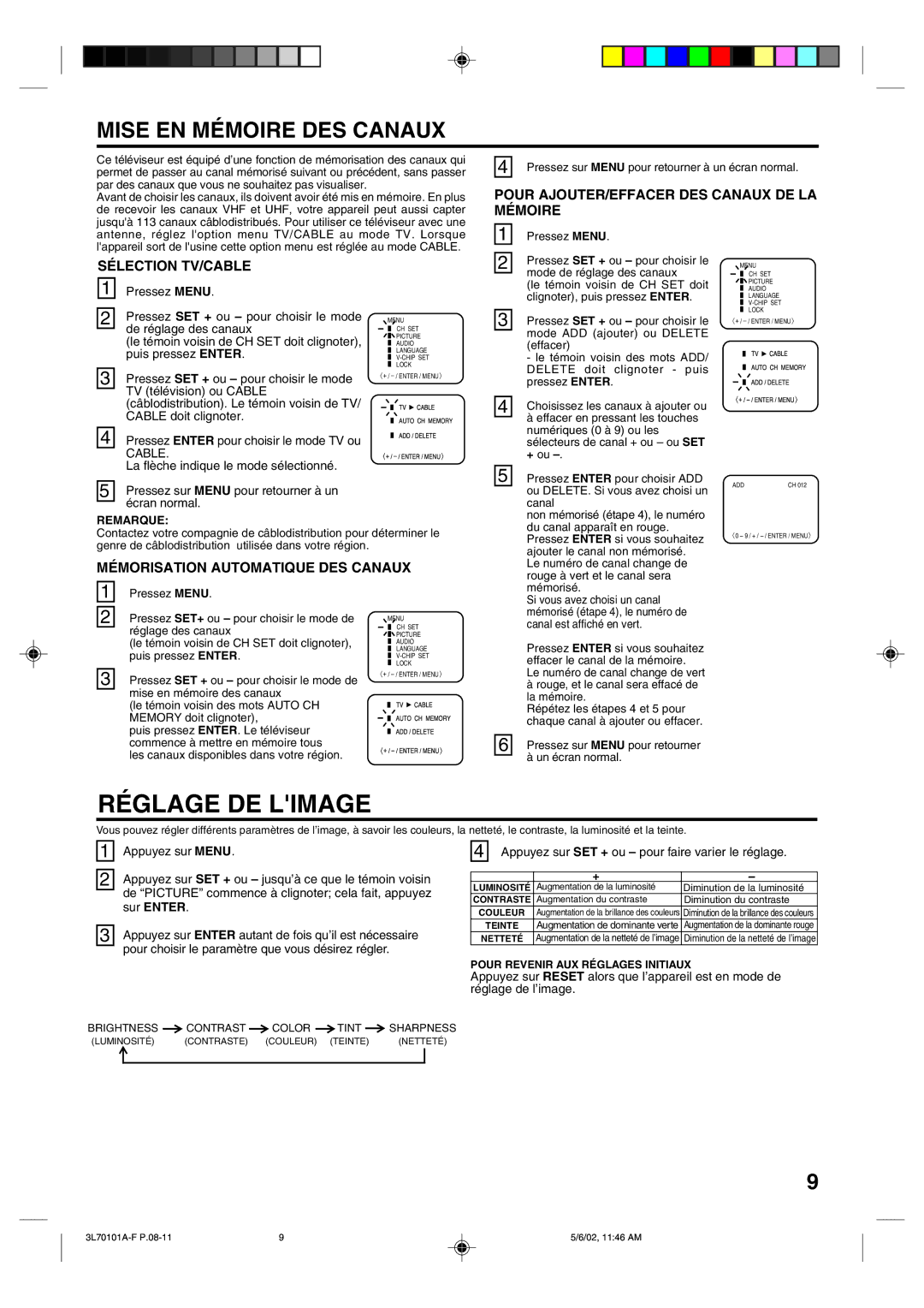 Toshiba 20A42 manual Mise EN Mémoire DES Canaux, Pour AJOUTER/EFFACER DES Canaux DE LA Mémoire, Sélection TV/CABLE 