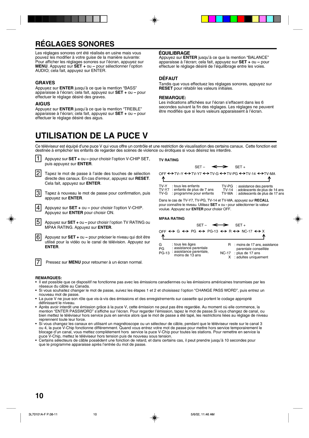 Toshiba 20A42 manual Réglages Sonores, Graves, Aigus, Équilibrage, Défaut 