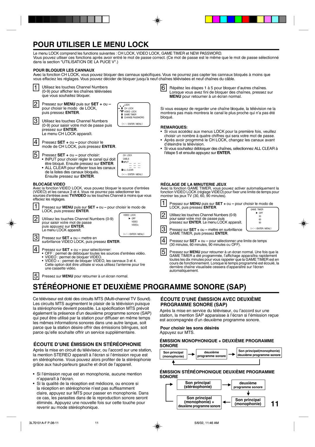 Toshiba 20A42 manual Pour Utiliser LE Menu Lock, Stéréophonie ET Deuxième Programme Sonore SAP 