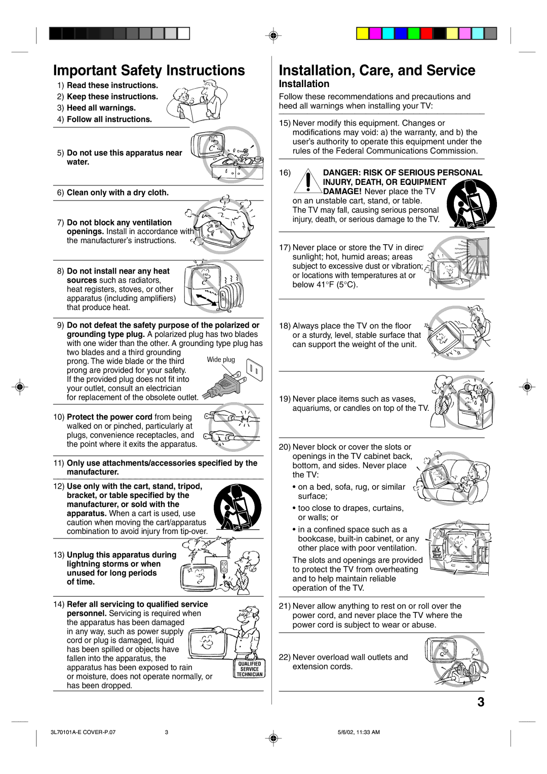 Toshiba 20A42 manual Important Safety Instructions, Installation, Care, and Service, INJURY, DEATH, or Equipment 