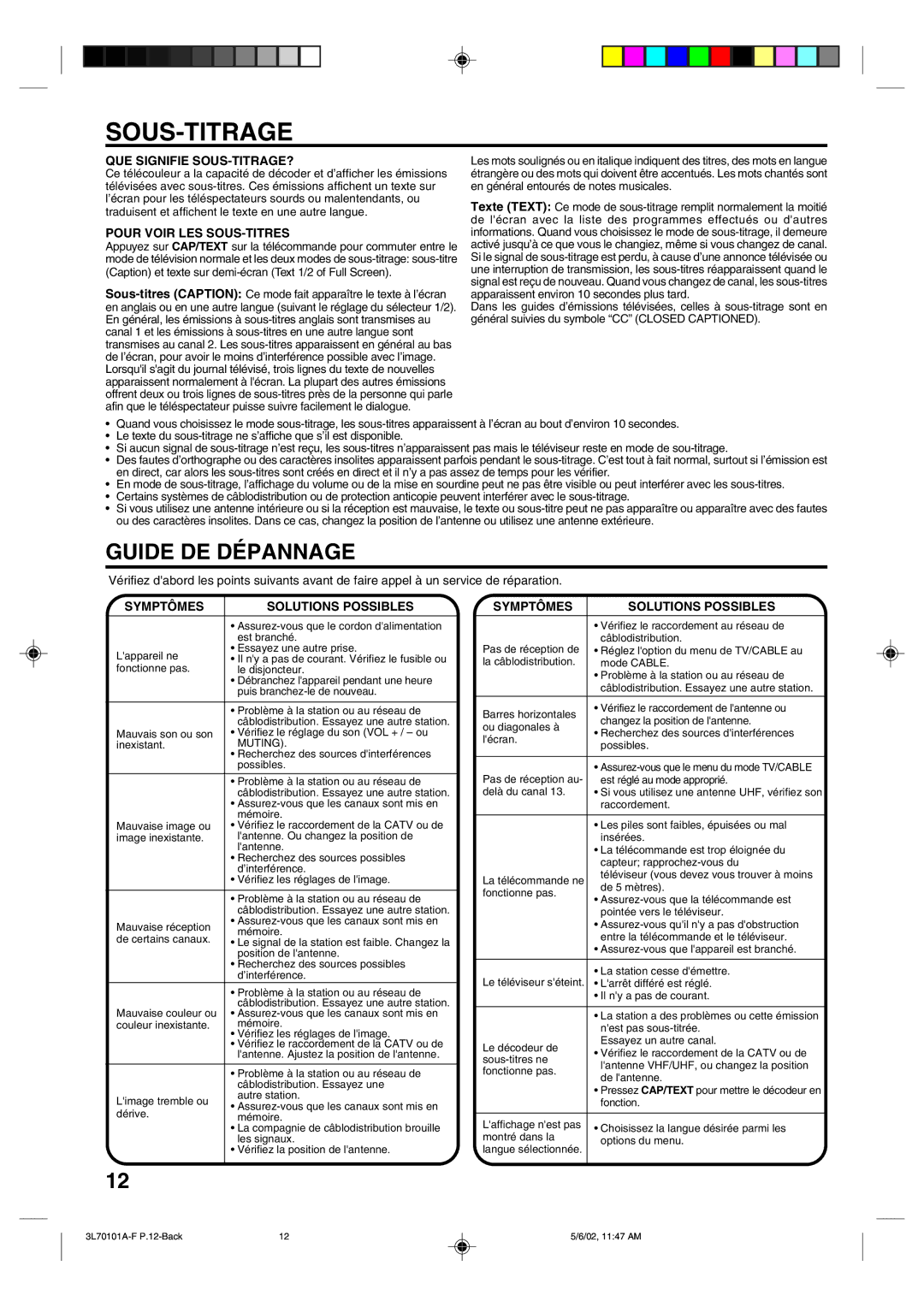 Toshiba 20A42 Guide DE Dépannage, QUE Signifie SOUS-TITRAGE?, Pour Voir LES SOUS-TITRES, Symptômes Solutions Possibles 