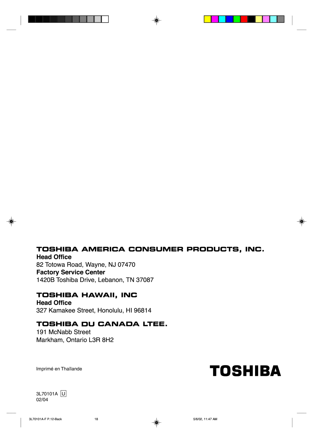 Toshiba 20A42 manual Imprimé en Thaïlande 3L70101A U 02/04 