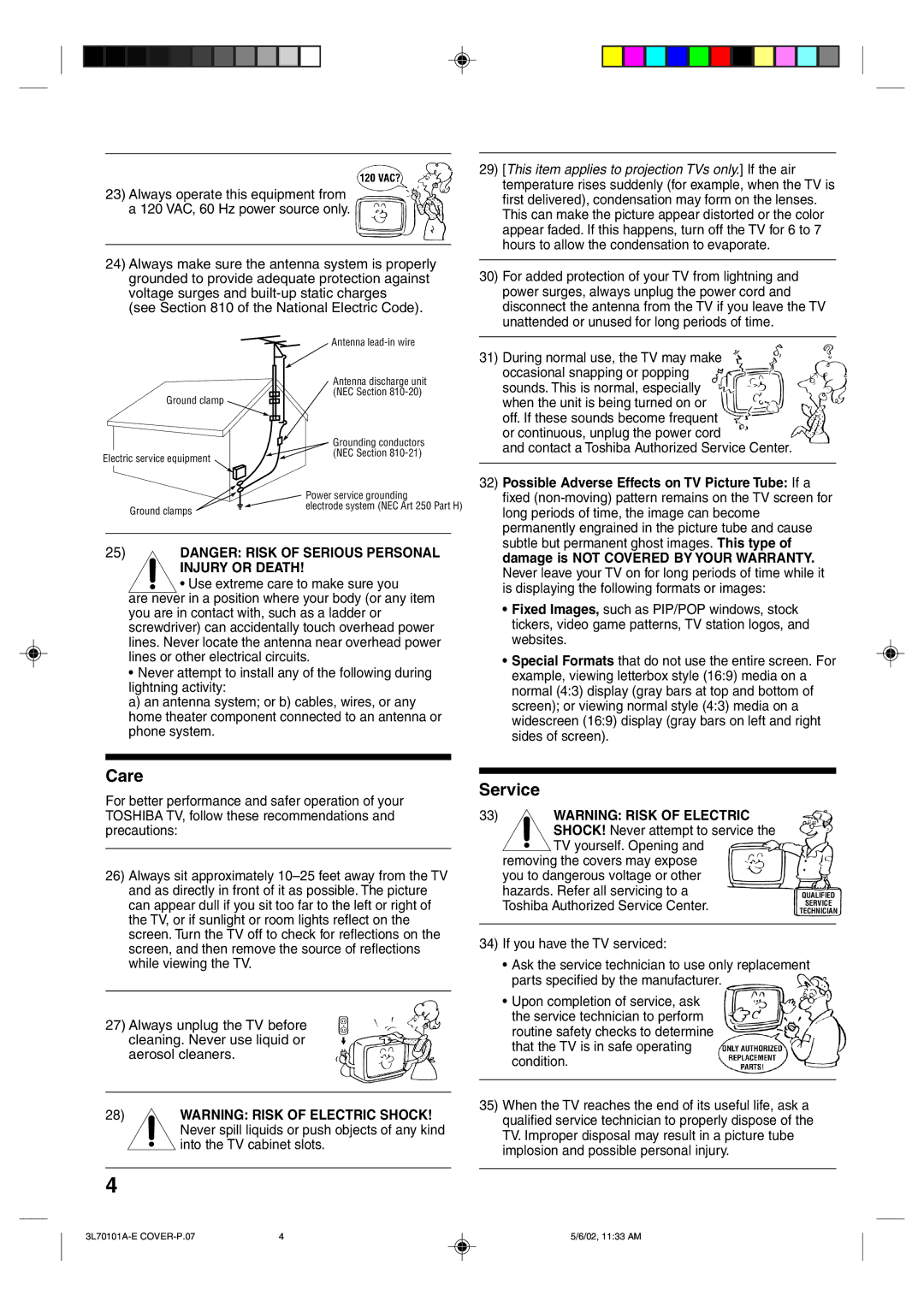 Toshiba 20A42 See of the National Electric Code, Hours to allow the condensation to evaporate, Websites, Sides of screen 