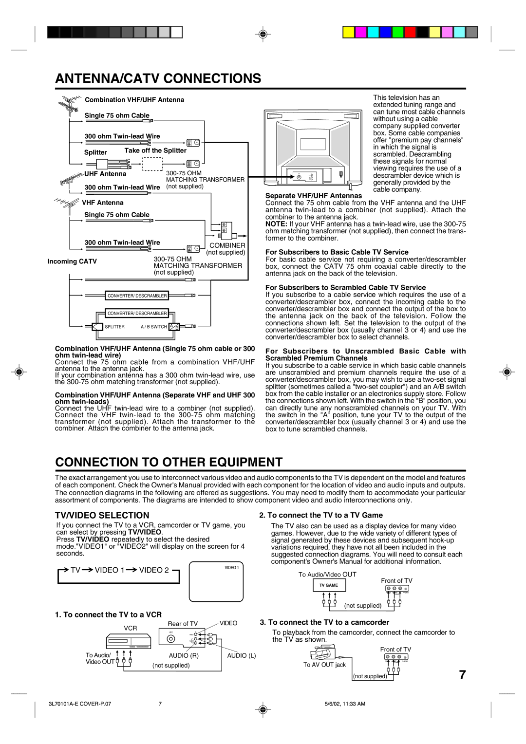 Toshiba 20A42 manual ANTENNA/CATV Connections, Connection to Other Equipment, TV/VIDEO Selection 