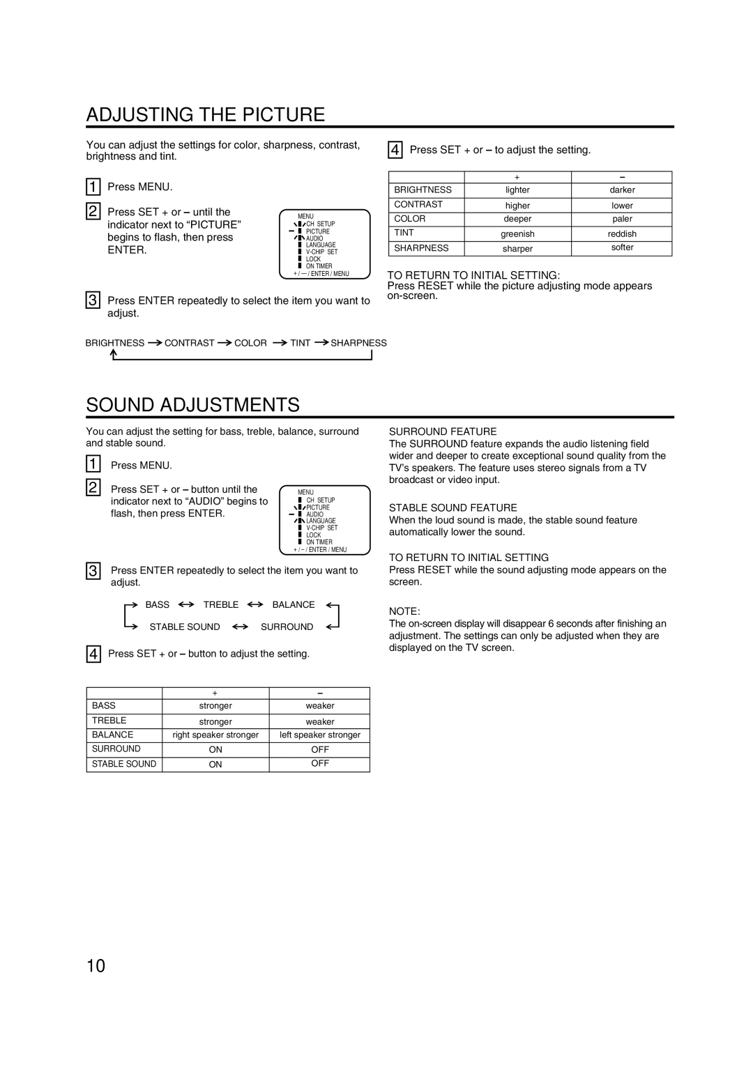 Toshiba 20A43 manual Adjusting the Picture, Sound Adjustments, To Return to Initial Setting, Surround Feature 