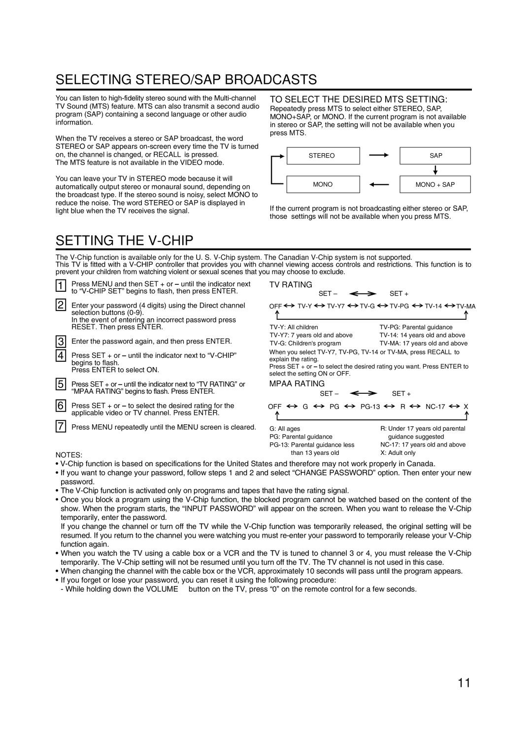 Toshiba 20A43 manual Selecting STEREO/SAP Broadcasts, Setting the V-CHIP, To Select the Desired MTS Setting 