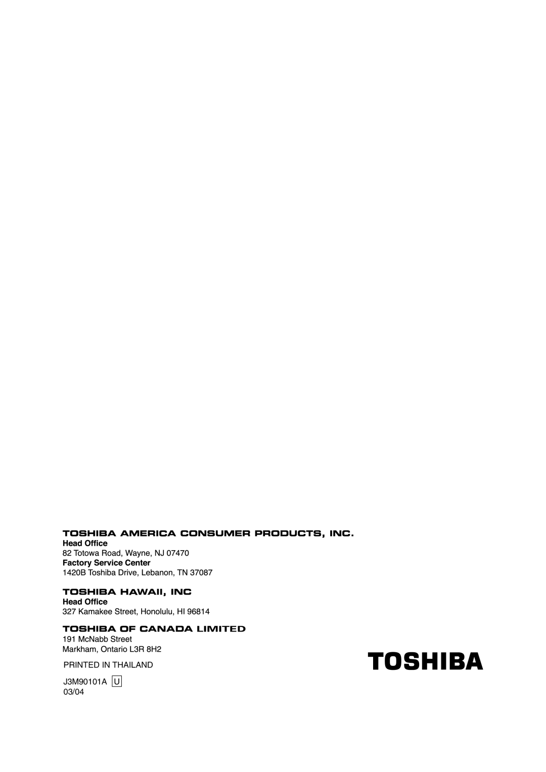 Toshiba 20A43 manual J3M90101A U 03/04 