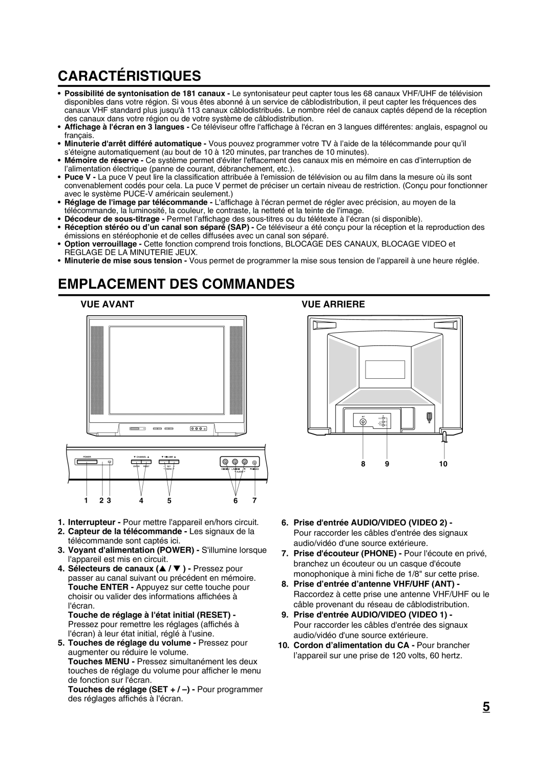 Toshiba 20A43 manual Caractéristiques, Emplacement DES Commandes, VUE Avant VUE Arriere 