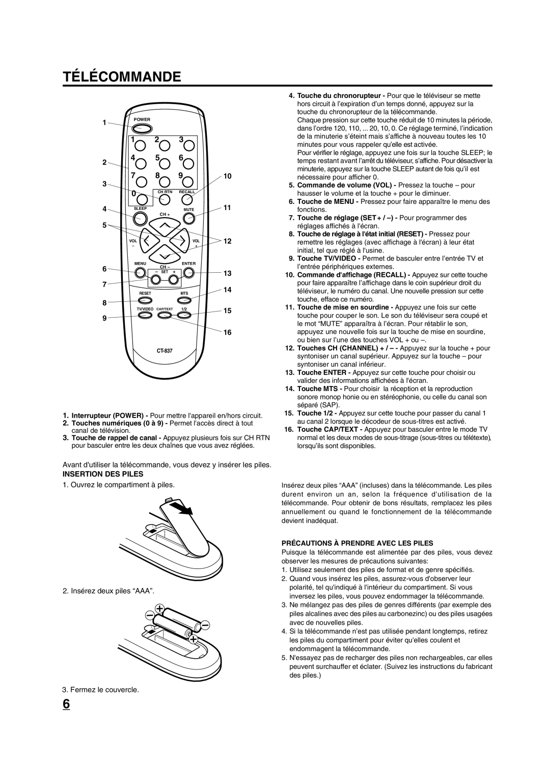 Toshiba 20A43 manual Télécommande, Insertion DES Piles 