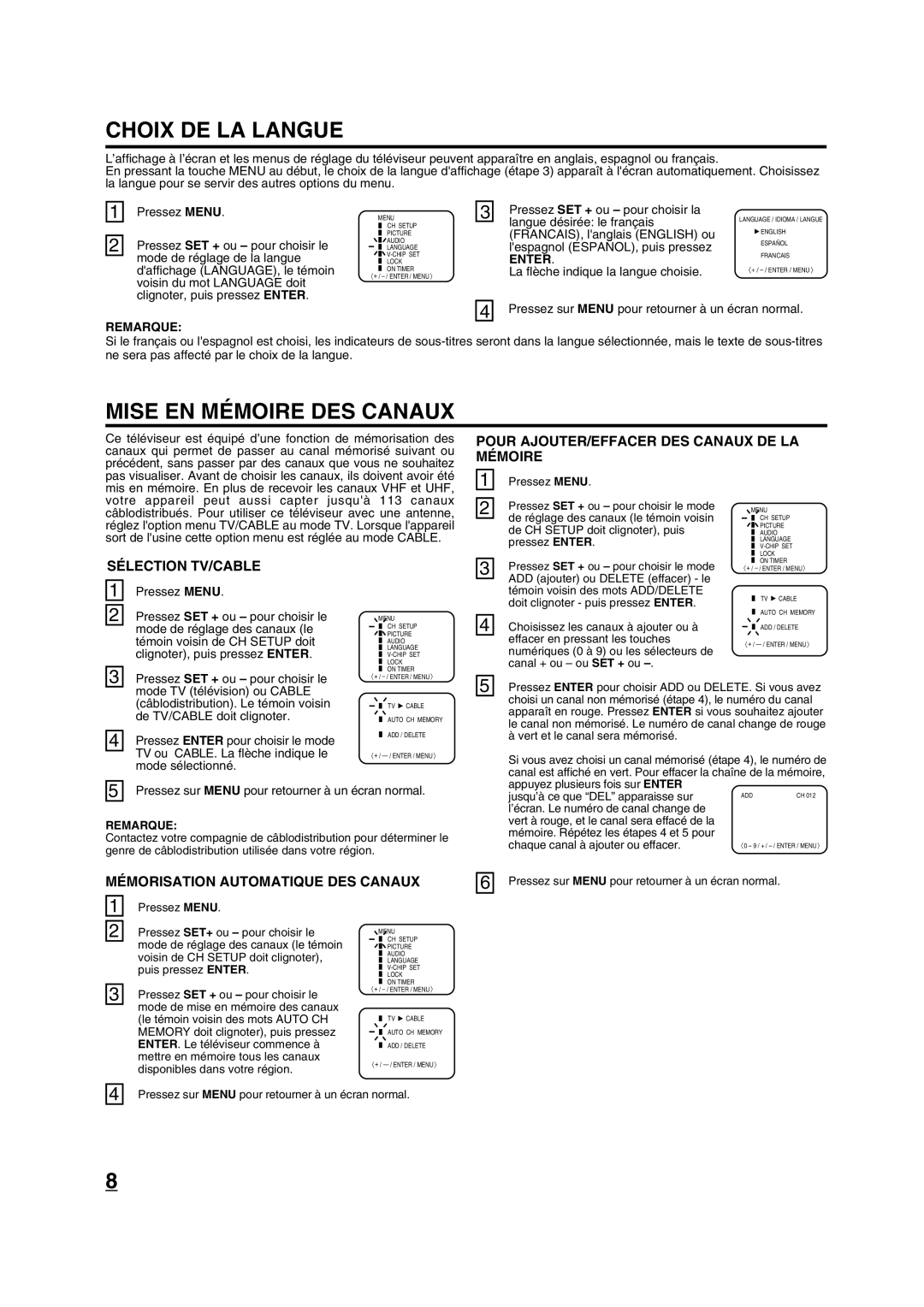 Toshiba 20A43 manual Choix DE LA Langue, Mise EN Mémoire DES Canaux, Remarque 