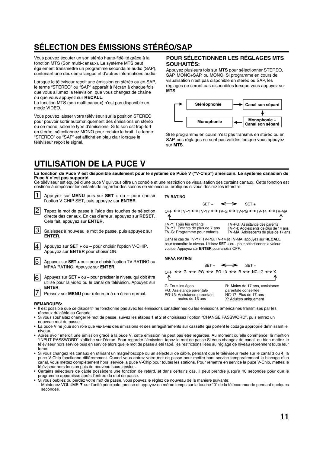 Toshiba 20A43 Utilisation DE LA Puce, Sélection DES Émissions STÉRÉO/SAP, Pour Sélectionner LES Réglages MTS Souhaités 