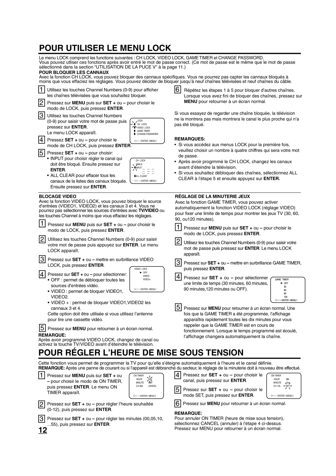 Toshiba 20A43 Pour Utiliser LE Menu Lock, Pour Régler L’HEURE DE Mise Sous Tension, Pour Bloquer LES Cannaux, Remarques 