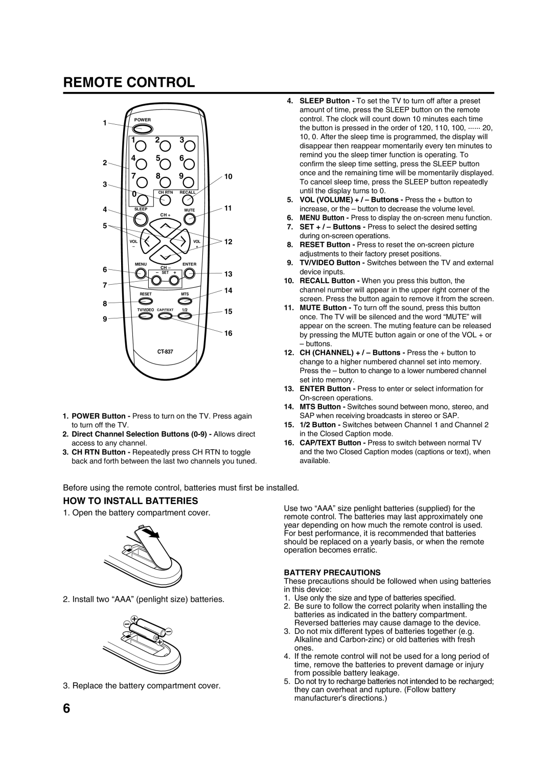 Toshiba 20A43 manual Remote Control, HOW to Install Batteries, Battery Precautions 