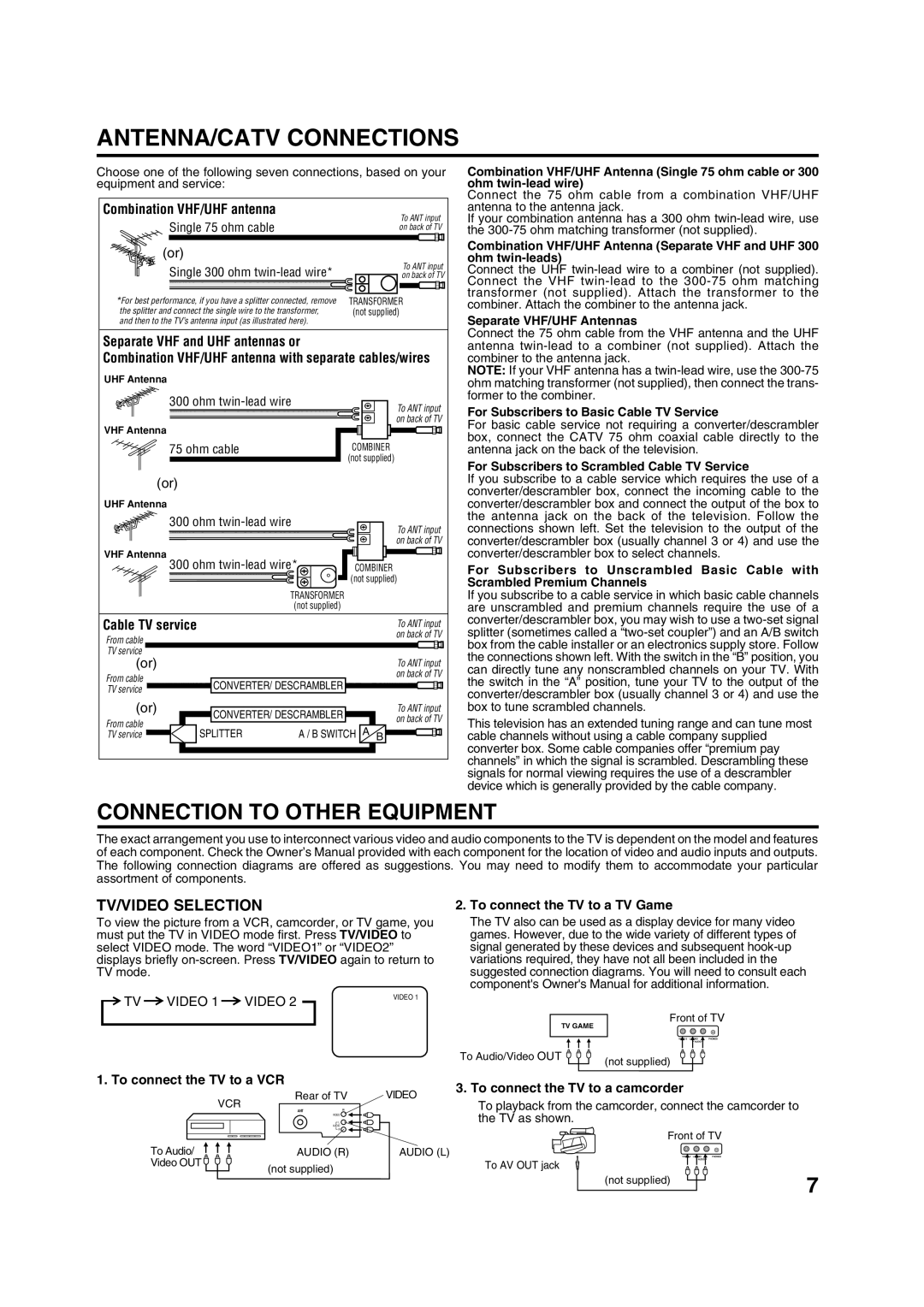 Toshiba 20A43 manual ANTENNA/CATV Connections, Connection to Other Equipment, TV/VIDEO Selection 