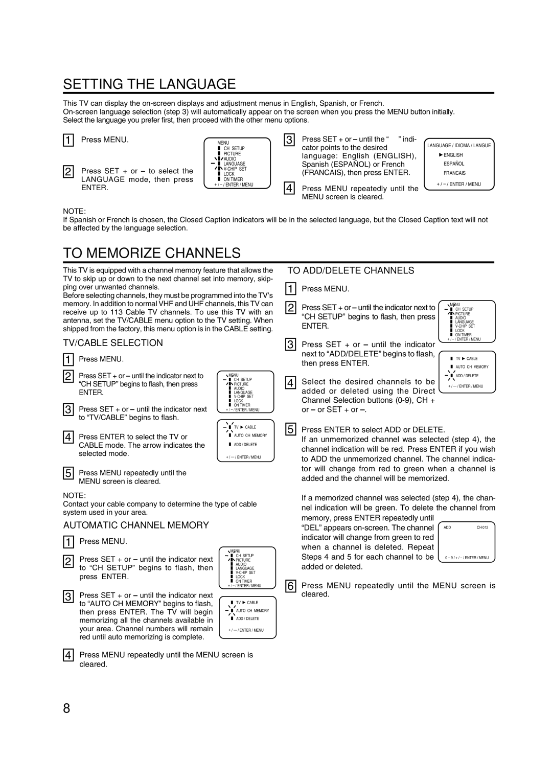 Toshiba 20A43 manual Setting the Language, To Memorize Channels, To ADD/DELETE Channels, TV/CABLE Selection 