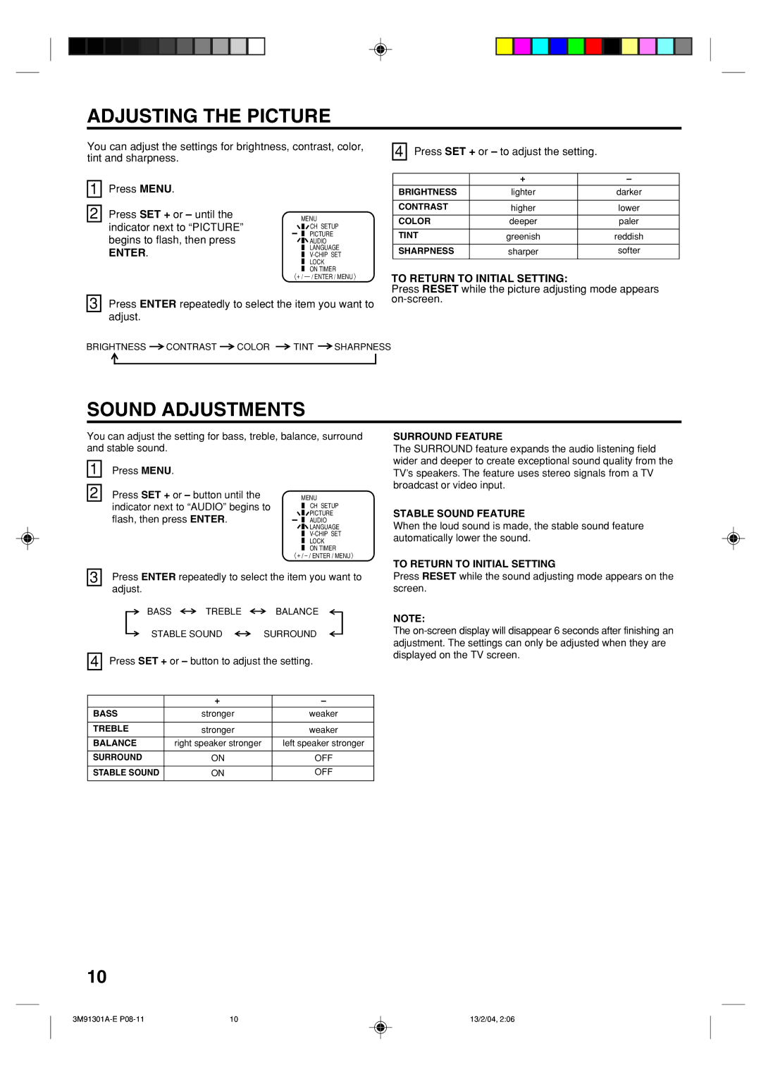 Toshiba 20A44 manual Adjusting the Picture, Sound Adjustments, To Return to Initial Setting, Surround Feature 