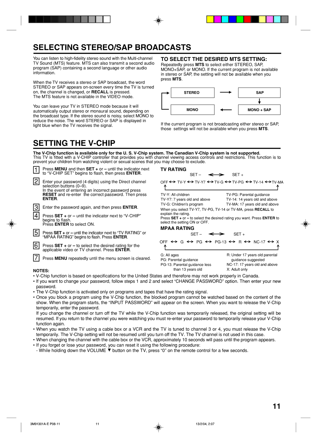 Toshiba 20A44 manual Selecting STEREO/SAP Broadcasts, Setting the V-CHIP, To Select the Desired MTS Setting 