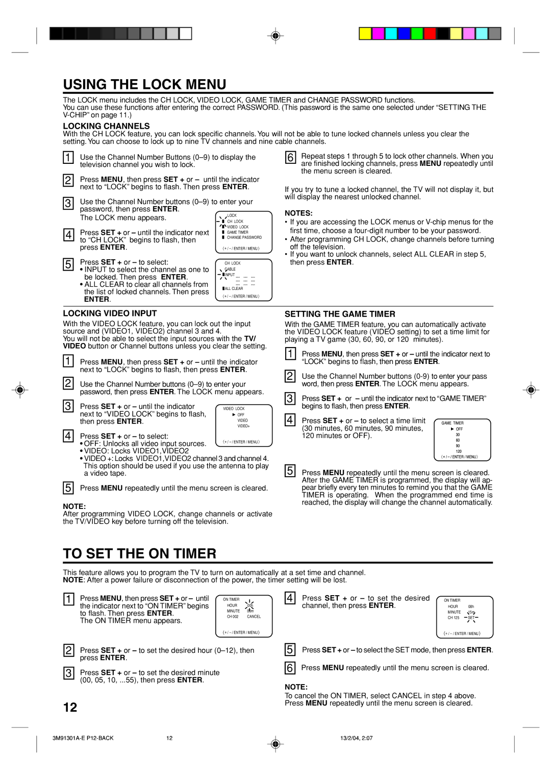 Toshiba 20A44 manual Using the Lock Menu, To SET the on Timer 