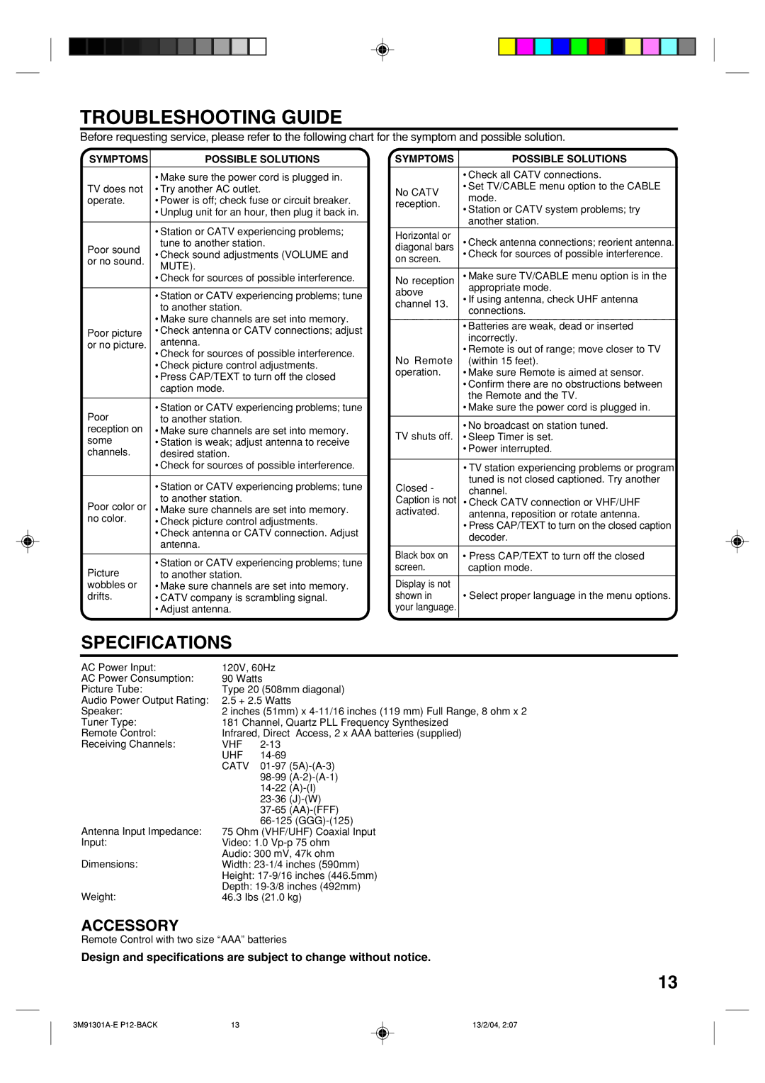 Toshiba 20A44 manual Troubleshooting Guide, Specifications, Symptoms Possible Solutions 