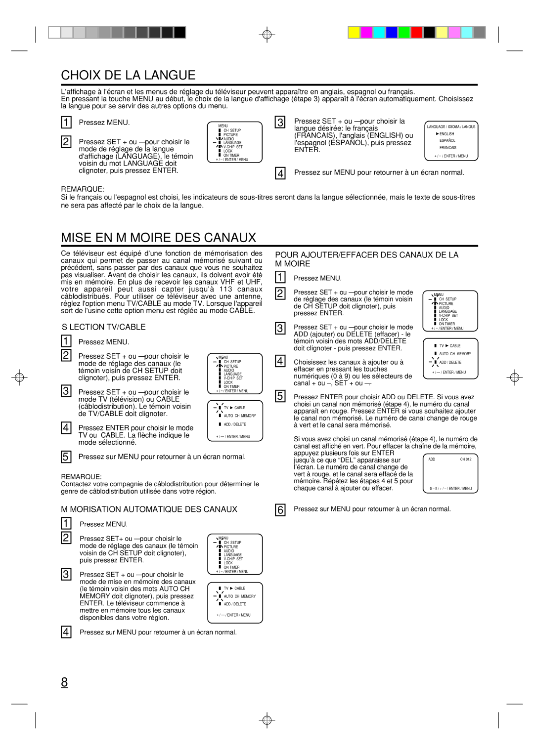 Toshiba 20A44 manual Choix DE LA Langue, Mise EN Mémoire DES Canaux, Remarque 