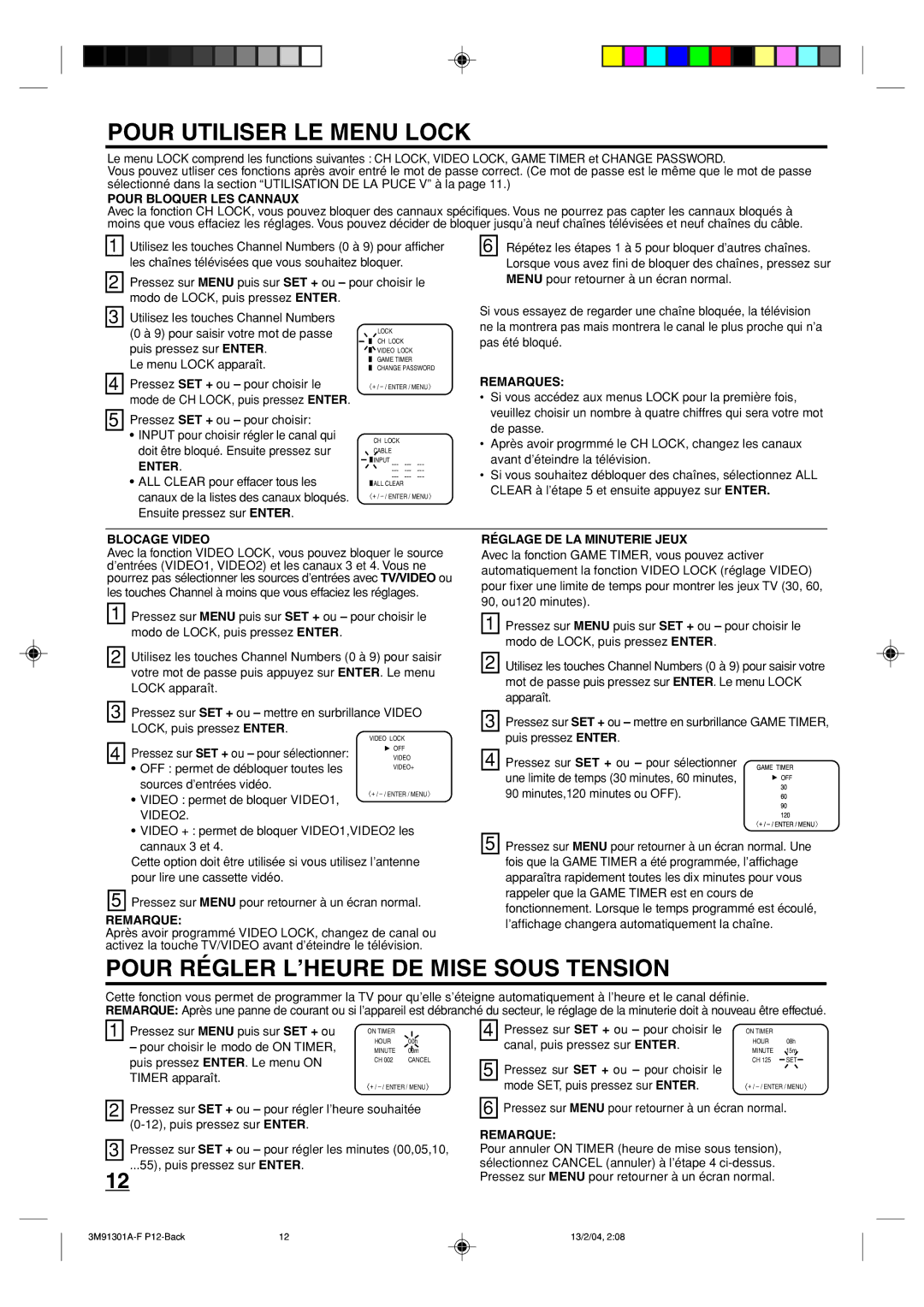 Toshiba 20A44 manual Pour Utiliser LE Menu Lock, Pour Régler L’HEURE DE Mise Sous Tension 