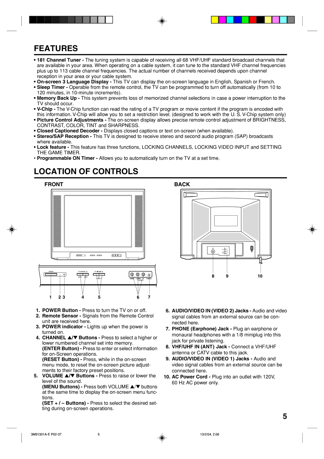 Toshiba 20A44 manual Features, Location of Controls, Front Back 