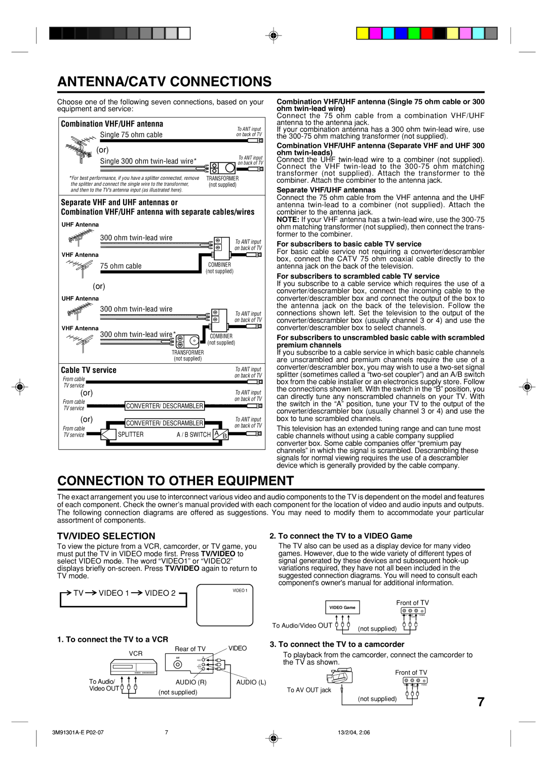 Toshiba 20A44 manual ANTENNA/CATV Connections, Connection to Other Equipment, TV/VIDEO Selection 