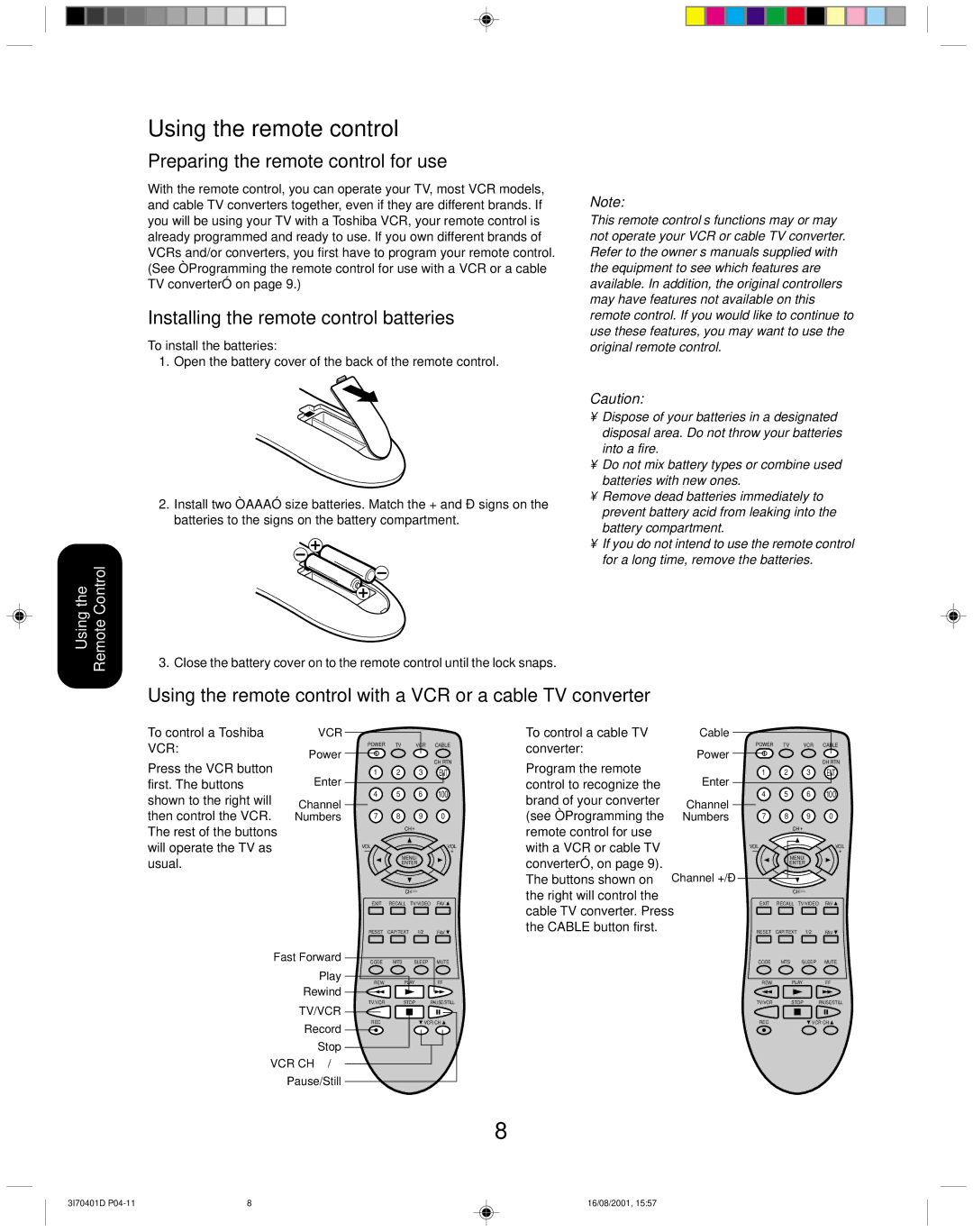 Toshiba 20AF41 Using the remote control, Preparing the remote control for use, Installing the remote control batteries 