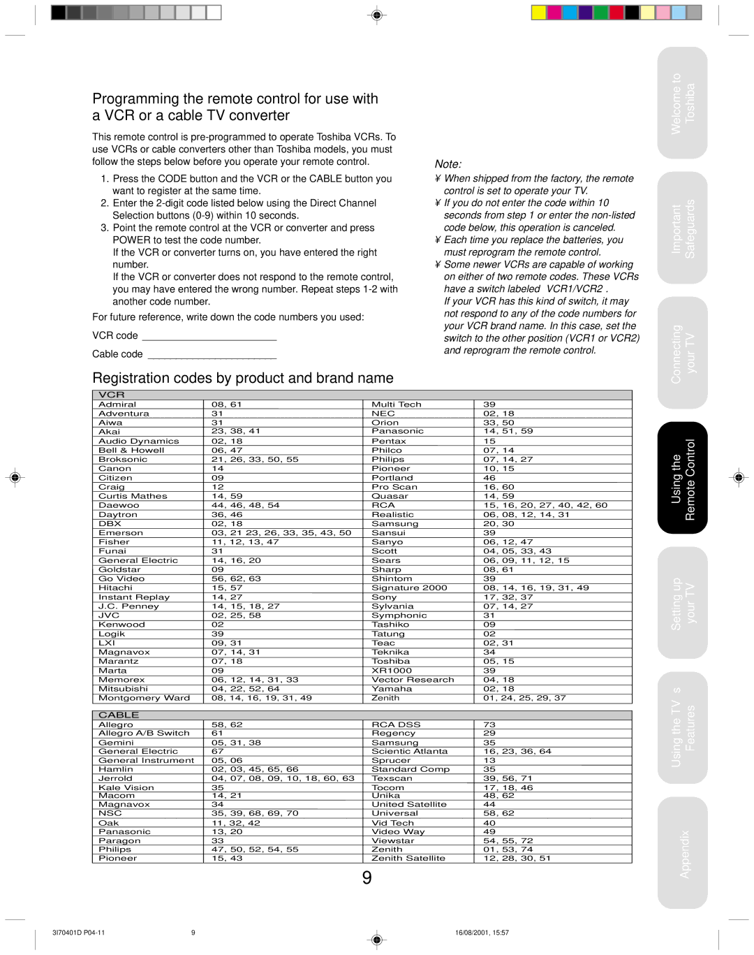 Toshiba 20AF41 appendix Registration codes by product and brand name, Vcr 