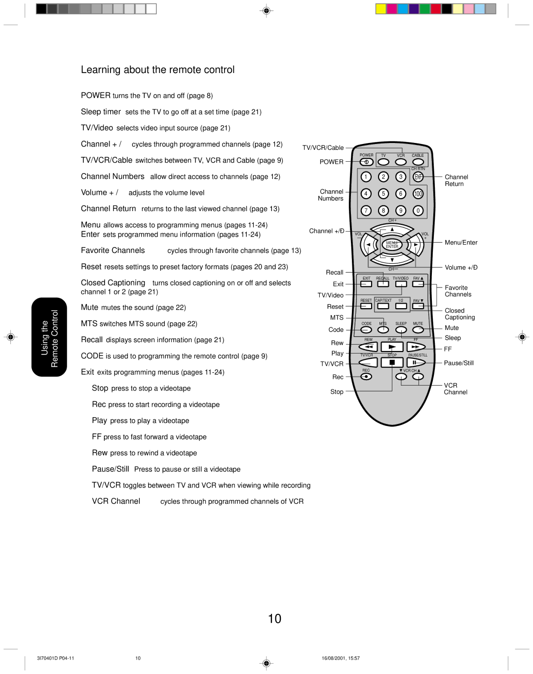 Toshiba 20AF41 appendix Learning about the remote control, 100 