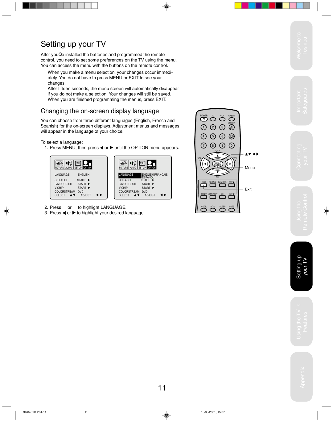 Toshiba 20AF41 appendix Setting up your TV, Changing the on-screen display language, To select a language 