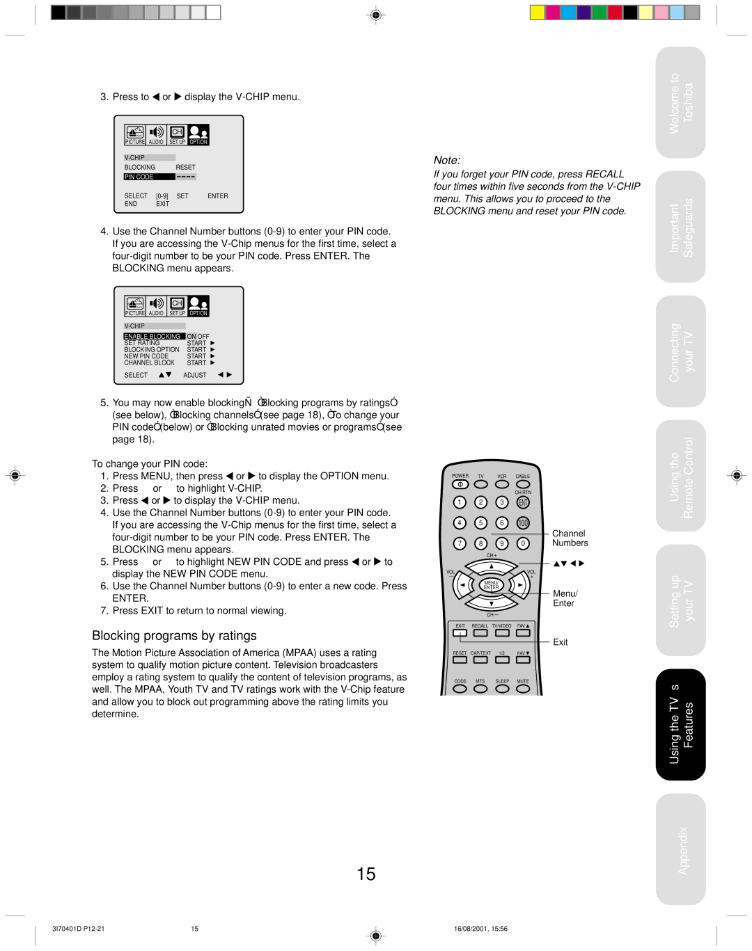 Toshiba 20AF41 appendix Blocking programs by ratings, Press to or display the V-CHIP menu, To change your PIN code 