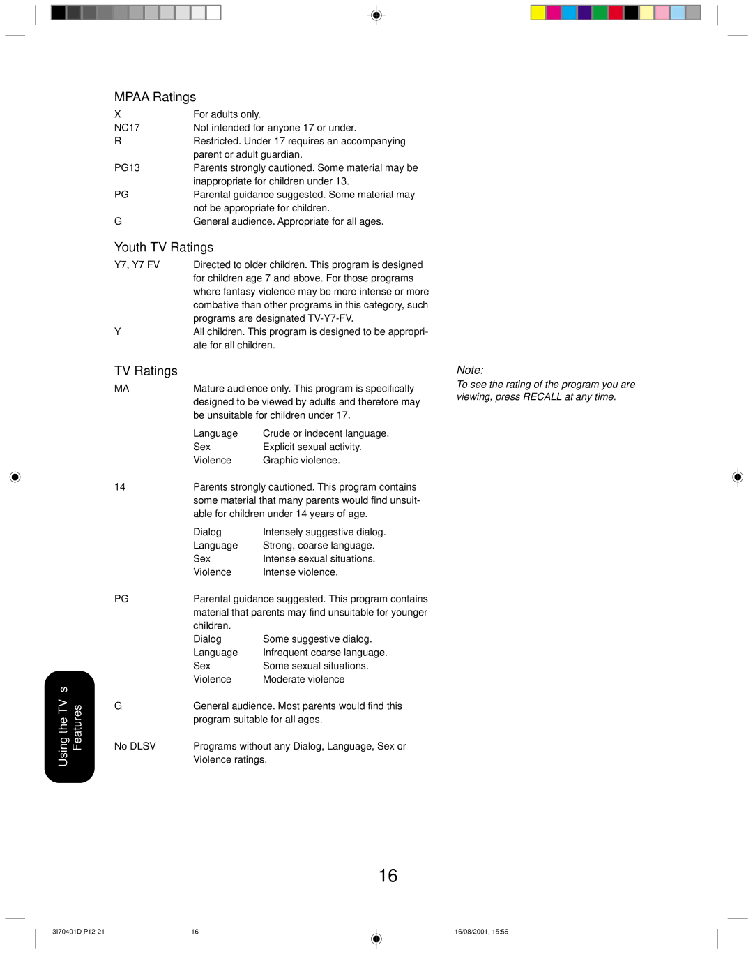 Toshiba 20AF41 appendix Mpaa Ratings, Youth TV Ratings 