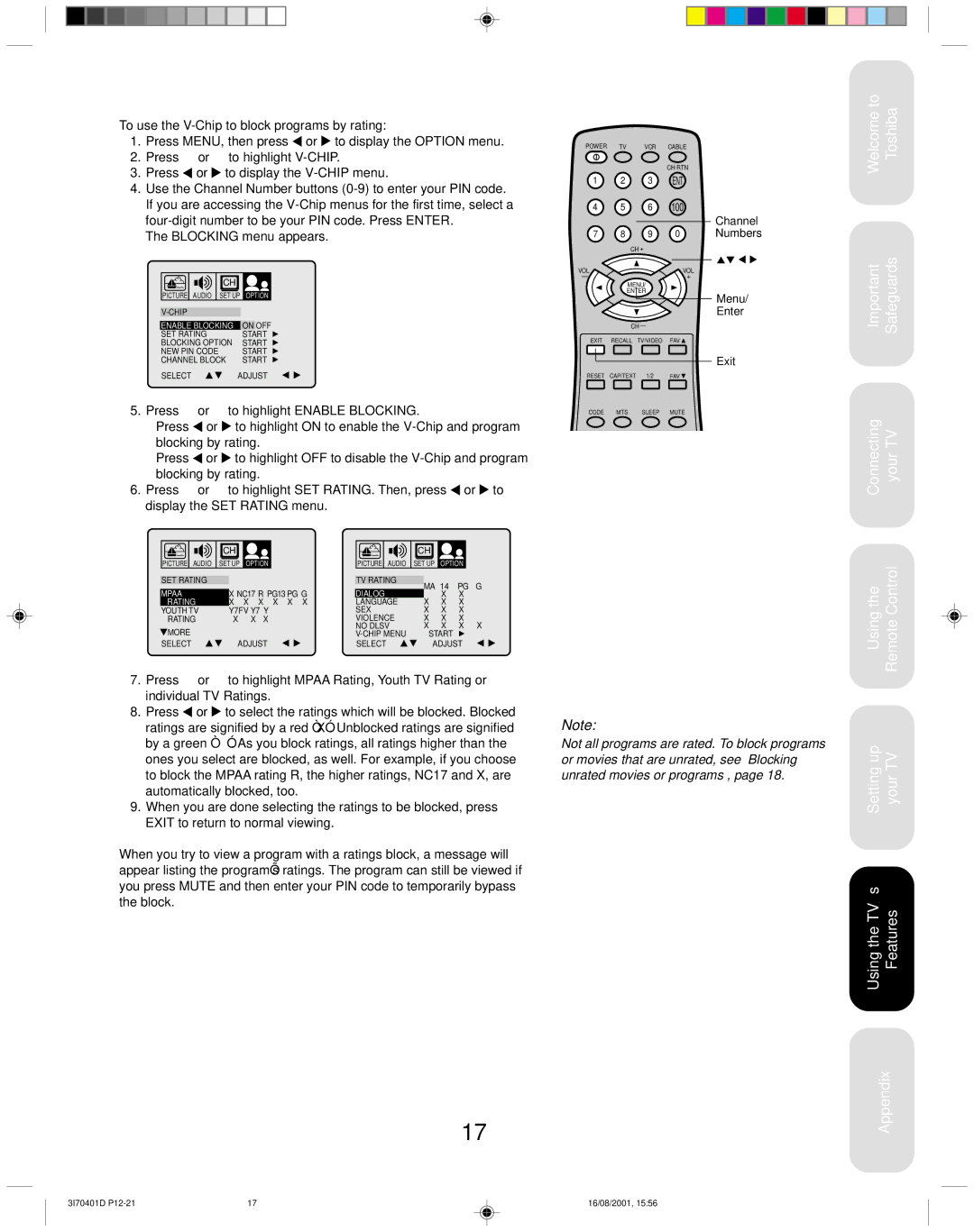 Toshiba 20AF41 appendix To use the V-Chip to block programs by rating, Dialog Rating 