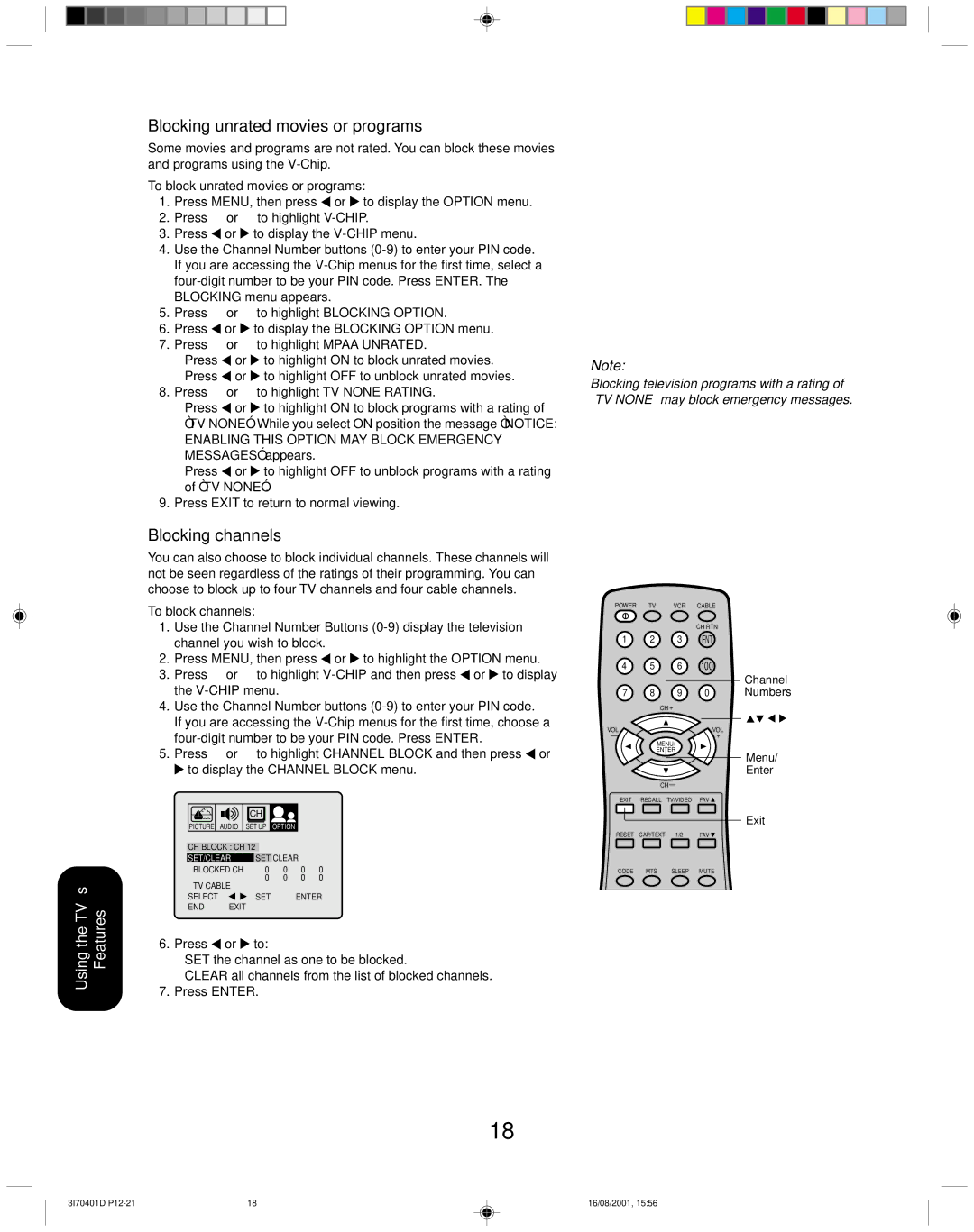 Toshiba 20AF41 appendix Blocking unrated movies or programs, Blocking channels, To block unrated movies or programs 