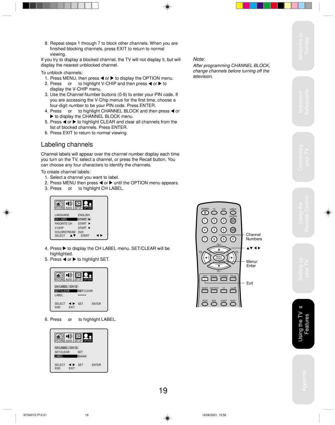 Toshiba 20AF41 appendix Labeling channels, To unblock channels, To create channel labels, Press or to highlight Label 