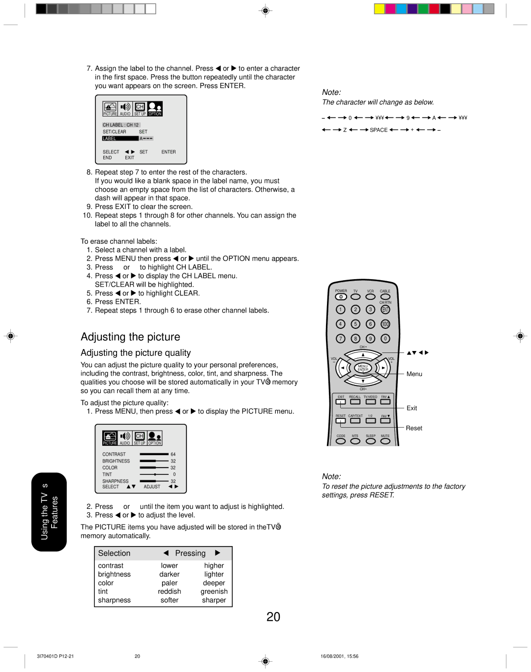 Toshiba 20AF41 appendix Adjusting the picture quality, To erase channel labels, To adjust the picture quality 