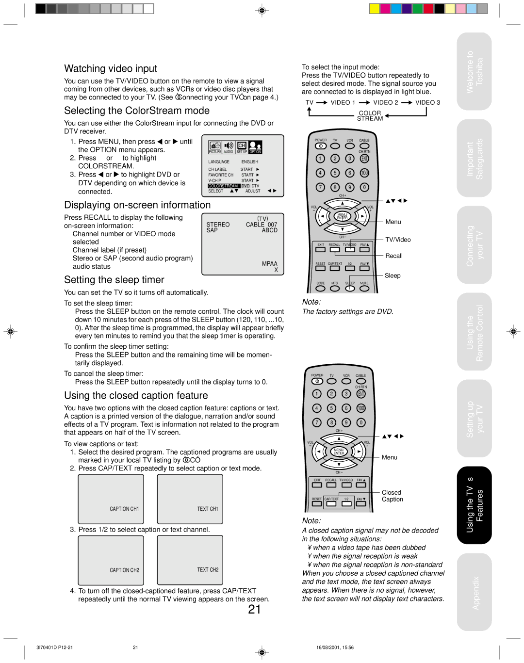 Toshiba 20AF41 appendix Watching video input, Selecting the ColorStream mode, Displaying on-screen information 