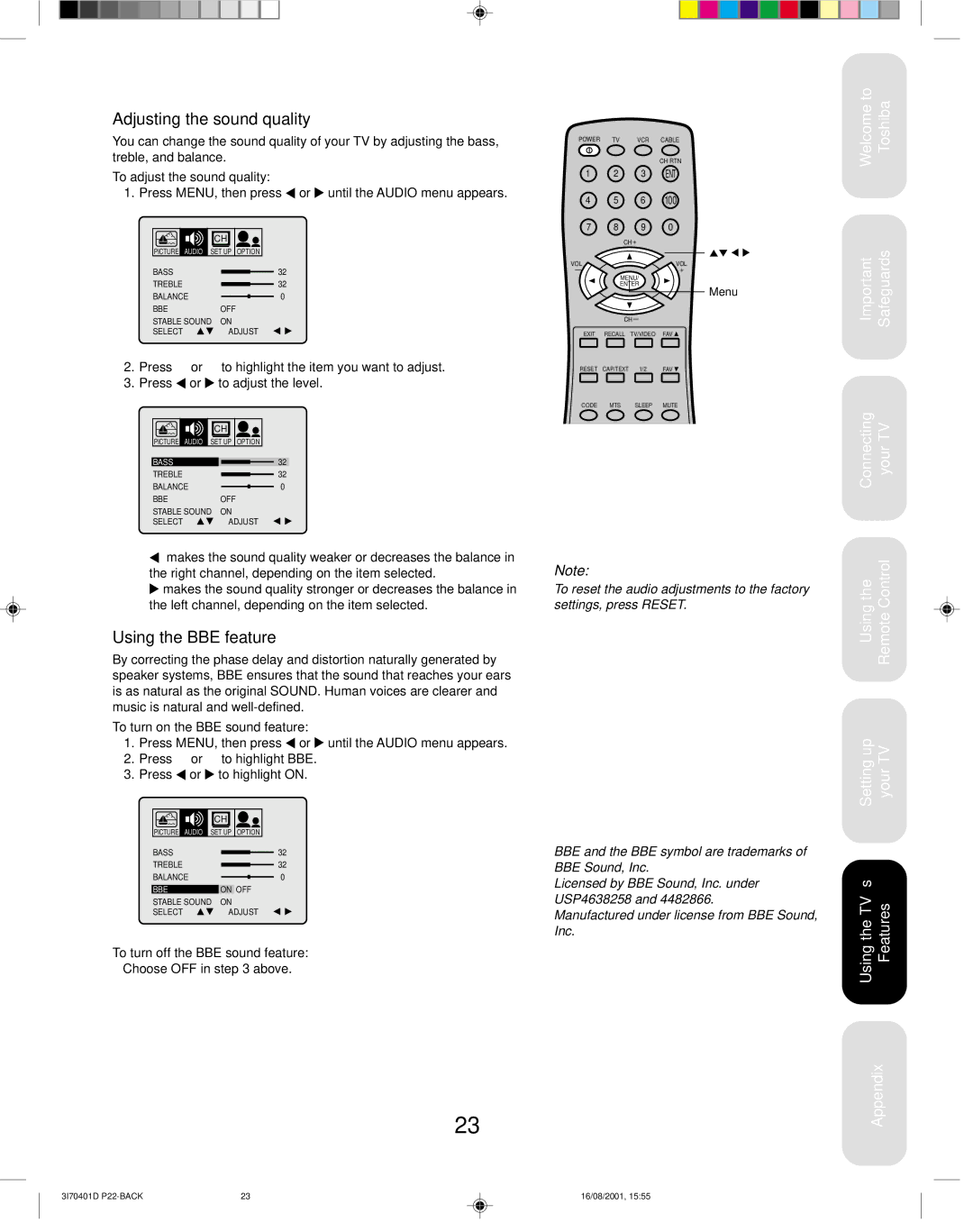 Toshiba 20AF41 appendix Adjusting the sound quality, Using the BBE feature, To adjust the sound quality 