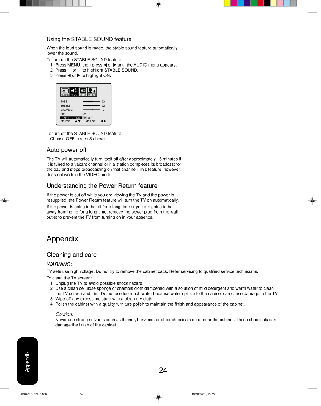 Toshiba 20AF41 appendix Appendix, Auto power off, Understanding the Power Return feature, Cleaning and care 