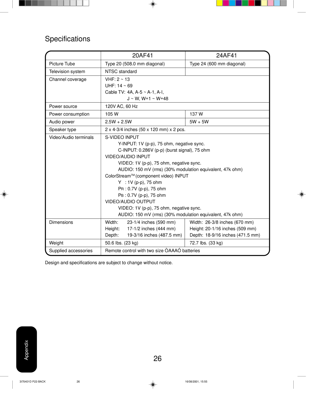 Toshiba appendix Specifications, 20AF41 24AF41 