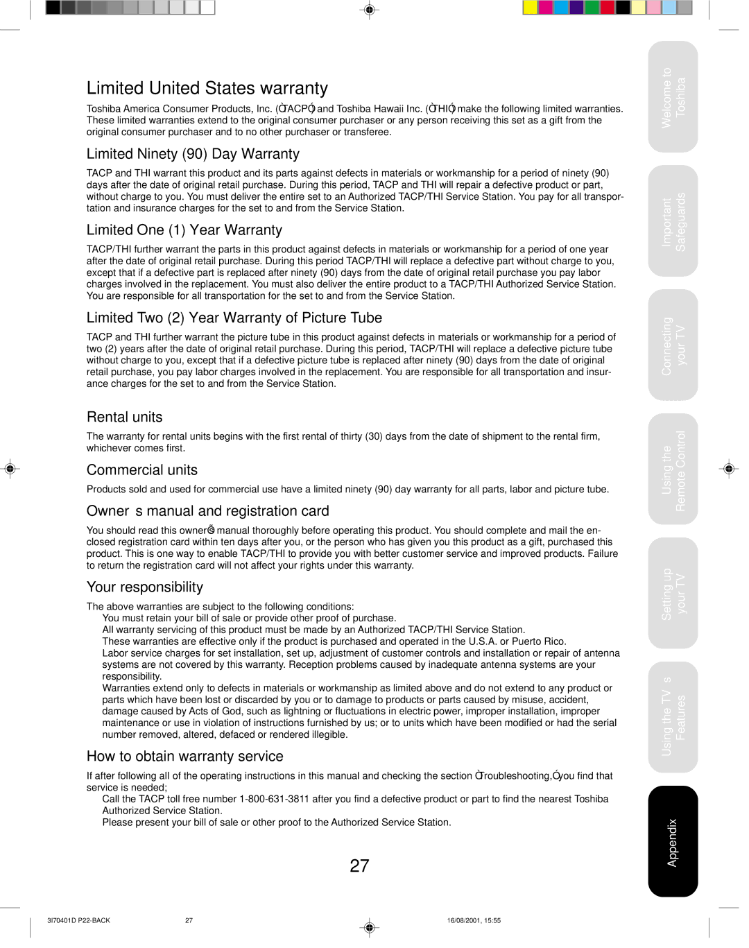 Toshiba 20AF41 appendix Limited United States warranty 