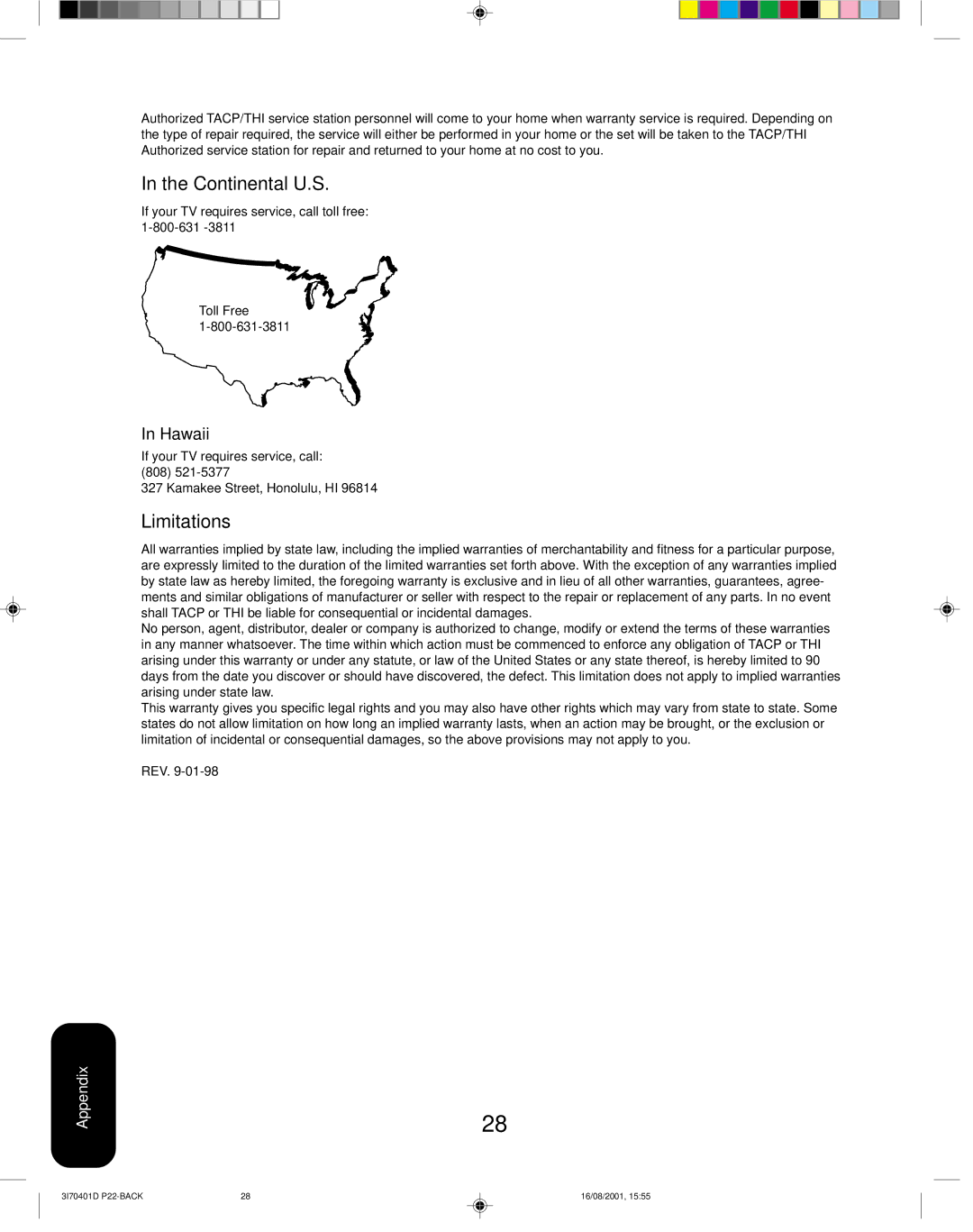 Toshiba 20AF41 Continental U.S, Limitations, Hawaii, If your TV requires service, call toll free 1-800-631, Toll Free 
