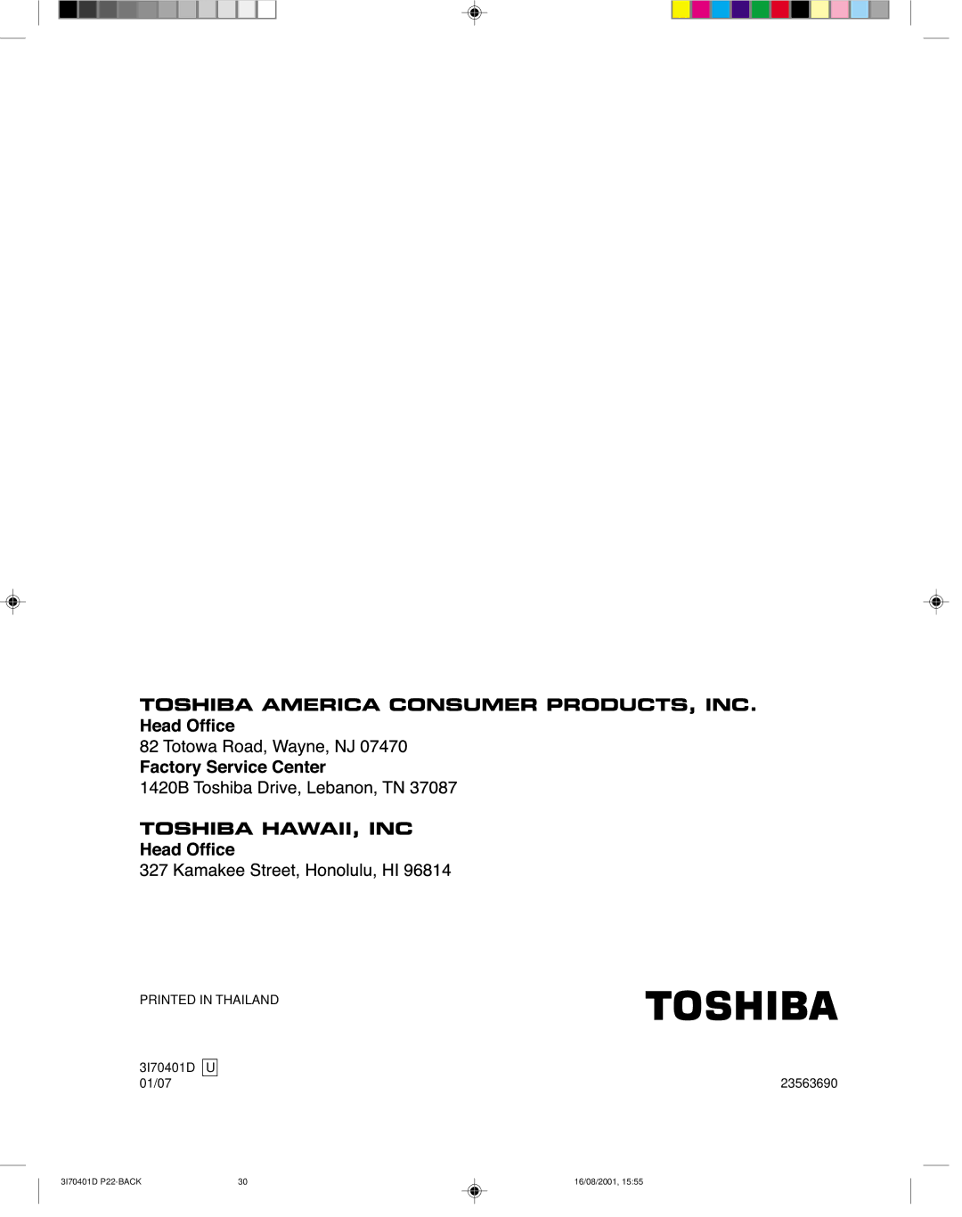 Toshiba 20AF41 appendix 3I70401D 01/07 23563690 