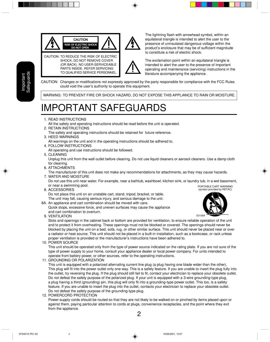 Toshiba 20AF41 appendix Important Safeguards, All operating and use instructions should be followed 