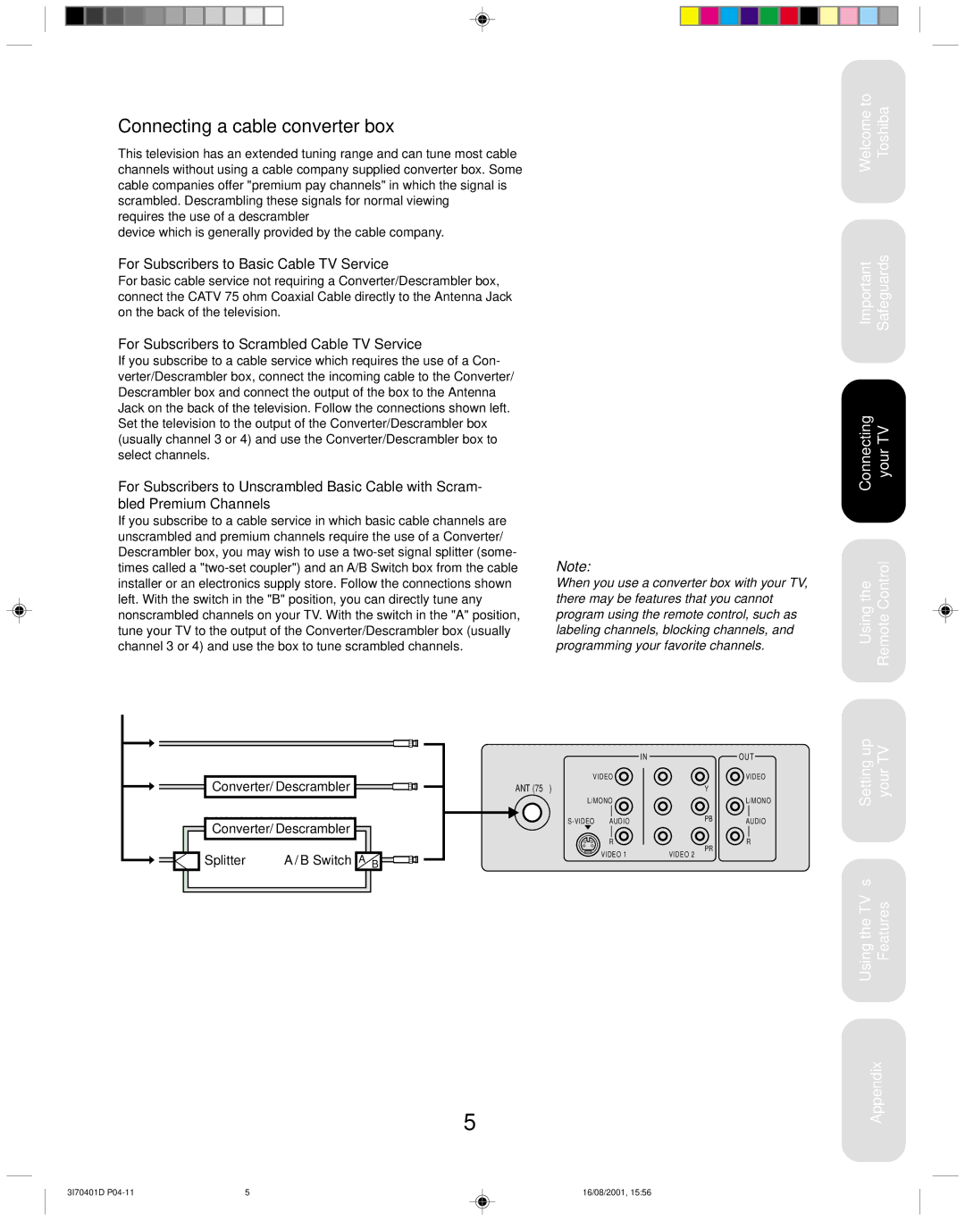 Toshiba 20AF41 appendix Connecting a cable converter box, Converter/ Descrambler Splitter Switch a B 